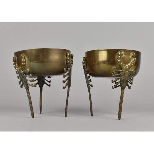 19 - A Pair of Brass Witches Bowls, Each having Three Scorpion Supports, 10cms Diameter and 11.5cms High