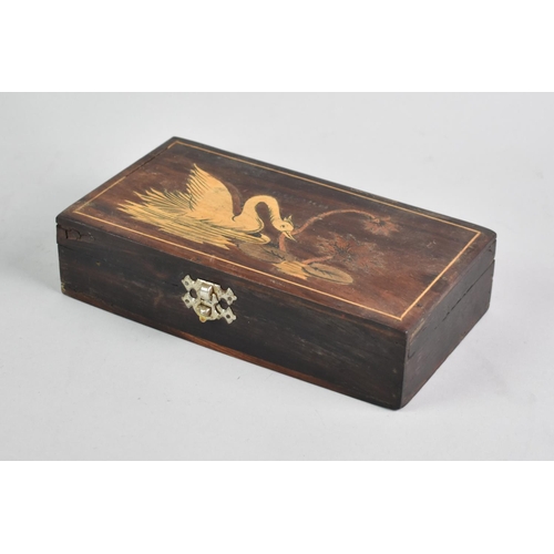 2 - A Far Eastern Rectangular Box with Inlaid Hinged Lid Depicting Bird and Water Lily, 23cms Wide