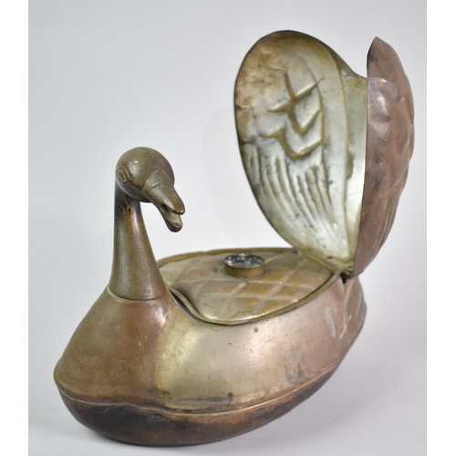 21 - An Oriental Pressed Brass Novelty Scribes Box in the Form of a Duck with Twisting Head to Release Hi... 