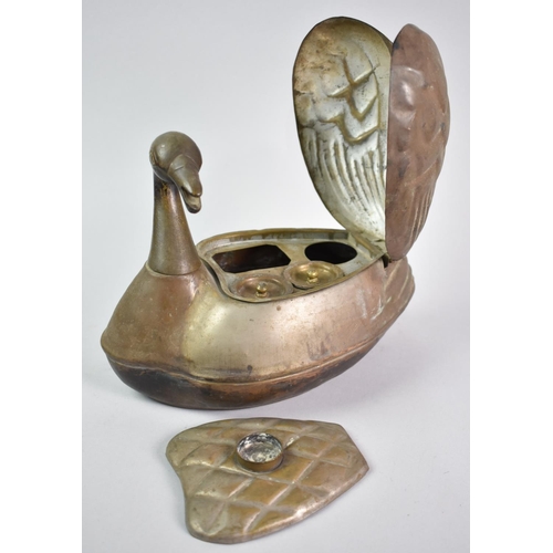 21 - An Oriental Pressed Brass Novelty Scribes Box in the Form of a Duck with Twisting Head to Release Hi... 