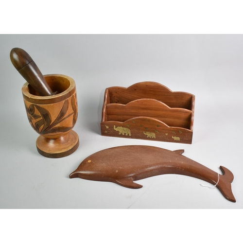 227 - A Collection of Various Treen Items to include Pestle and Mortar, Stationery Rack and Wall Hanging D... 