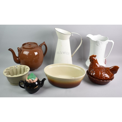 229 - A Collection of Various Kitchenwares to include Large Treacle Glazed Teapot, Egg Crock, Jelly Mould,... 