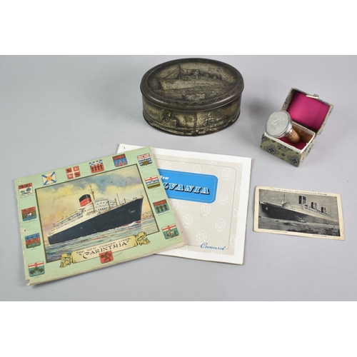 34 - A Cunard Carinthia Booklet, Postcard of Queen Mary Liner, Cunarda Tin No 534 and a Cunard Silver Pla... 