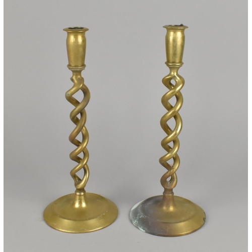 66 - A Pair of Open Spiral Brass Candlesticks, 29cms High