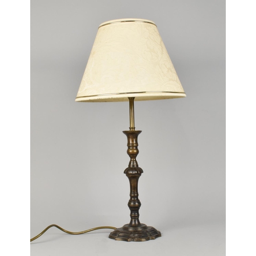 69 - A Modern Patinated Brass Table Lamp with Shade, Overall Height 58cms