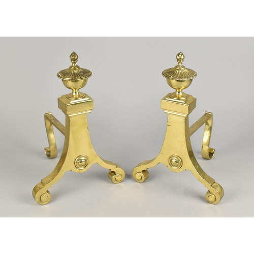 73 - A Pair of Modern Brass Fire Dogs with Scrolled Feet, Flame Finials, 33cms High