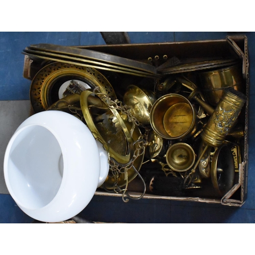 409 - A Box of Various Brasswares to include Ceiling Lamp, Wall Plaques Etc