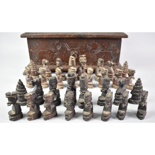 46 - A Carved African Box (Formerly Stand/Mirror Base), Drawer Containing Carved African Chess Pieces