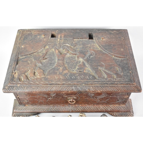 46 - A Carved African Box (Formerly Stand/Mirror Base), Drawer Containing Carved African Chess Pieces