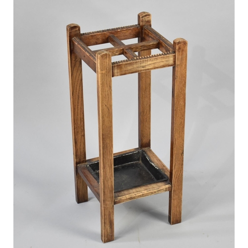 66 - Oak Four Division Stick Stand of Square Form, Metal Drip Tray, 64cms High and 26cms Square