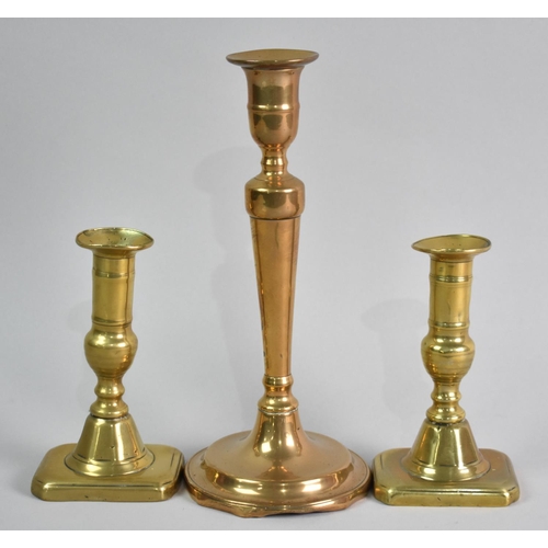 67 - A Pair of Victorian Brass Candlesticks, 14cms High and a Single Example, 24.5cms High