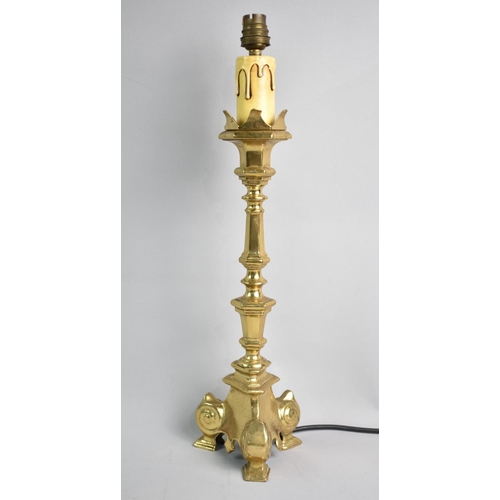 71 - A Modern Brass Table Lamp Base with Three Scrolled Feet, 48cms High