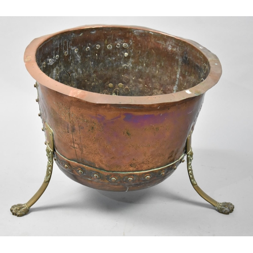 83 - A Large Copper and Brass Coal/Log Bucket with Three Claw Feet, 50cms Diameter and 41cms High