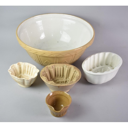 86 - A Collection of Three Glazed Jelly Moulds, Vintage Mixing Bowl and a Small Stoneware Jug