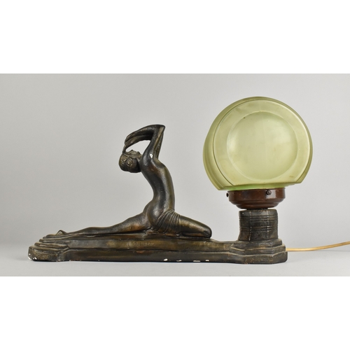 32 - An Art Deco Bronzed Plaster Table Lamp, Probably French, with Green Glass Circular Shade, Reg. No 81... 