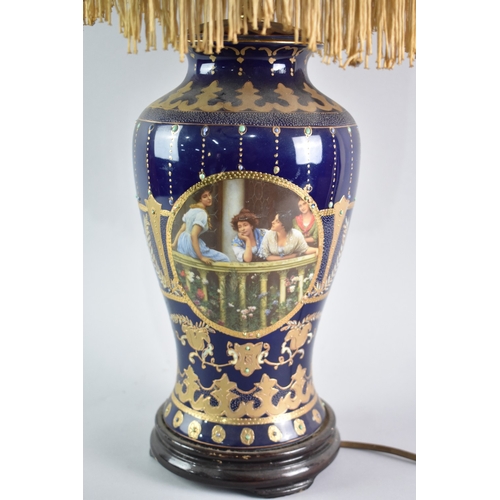 36 - An Edwardian Continental Vase Shaped Porcelain Table Lamp Decorated in Cobalt Blue and Gilt with Col... 