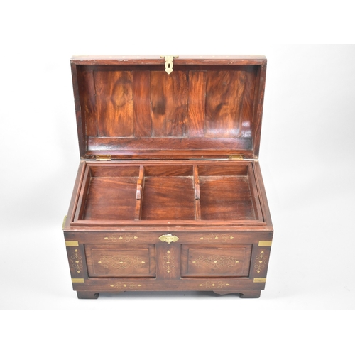 48 - A Modern Far Eastern Brass Inlaid Hardwood Arched Top Trunk with Panelled Lid and Sides, Brass Carry... 