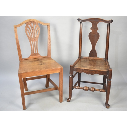 557 - A 19th Century Elm Seated Side Chair with Vase Splat Back, Pad Feet and Turned Front Stretcher Toget... 