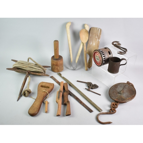 574 - A Collection of Vintage Tools, Mallet, Spring Balance, S Hooks Etc