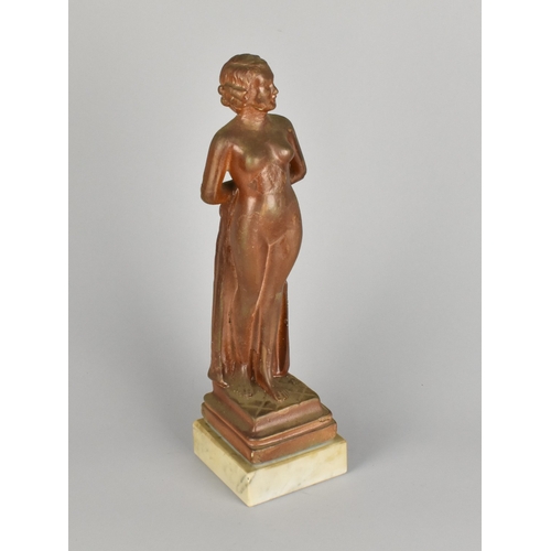 61 - A Copper Effect Art Deco Study of a Nude Maiden Holding Cloak Behind Her, Alabaster Plinth, 30cms Hi... 