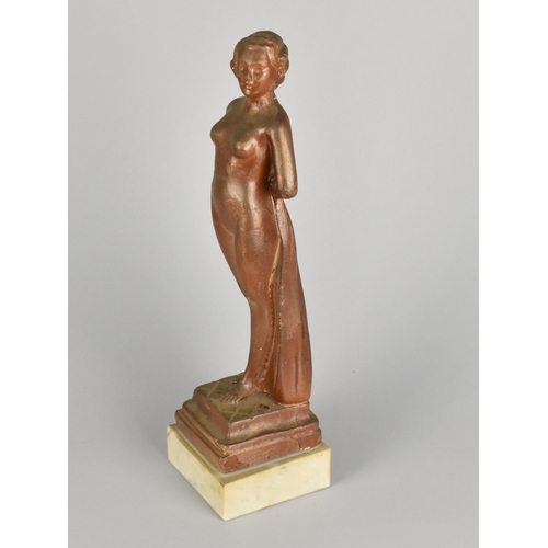 61 - A Copper Effect Art Deco Study of a Nude Maiden Holding Cloak Behind Her, Alabaster Plinth, 30cms Hi... 