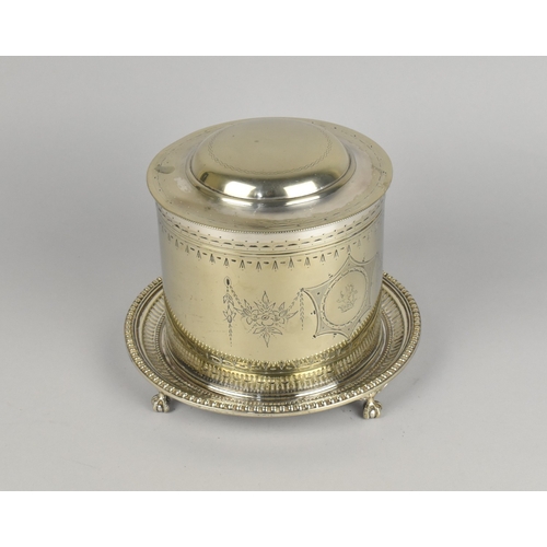 69 - An Edwardian Silver Plated Cylindrical Ice Bucket on Tray Base with Four Claw and Ball feet, Hinged ... 