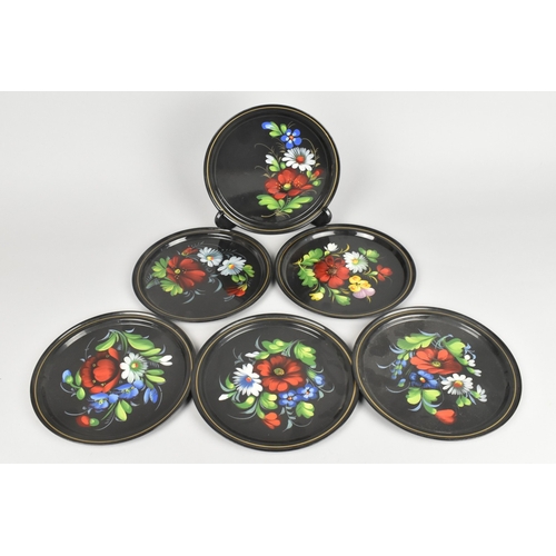 71 - A Set of Six Hand Painted Russian Metal Side Plates, 18cms Diameter