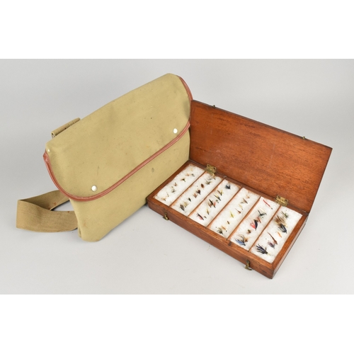 88 - A Vintage Mahogany Six Section Fly Box with Contents together with a Canvas Fishermans Bag