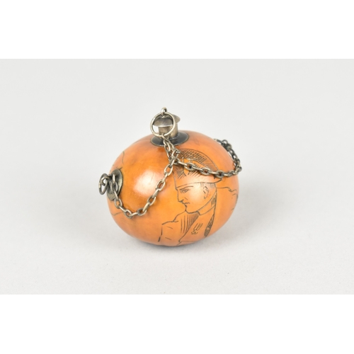 16 - A Late 19th Century French Miniature Gourd Scent Bottle with White Metal Mounts and Chains, Hand Car... 