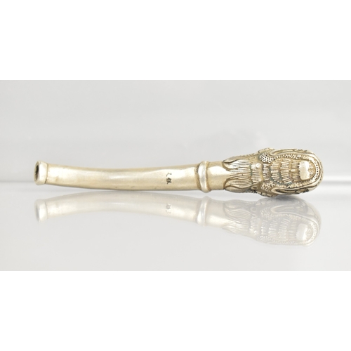 18 - A Chinese White Metal Opium Pipe with Stylised Dragon Head Bowl, Character Marks to Pipe, 10cms Long