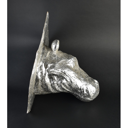 224 - A Novelty Silver Painted Papier Mache Hippo Head on Shield Plinth, 55cm high