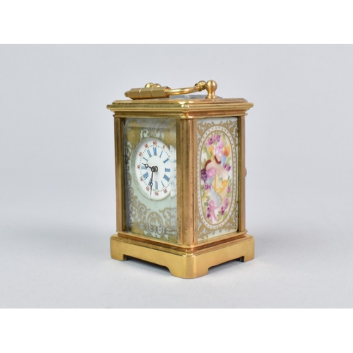 35 - A Miniature Gilt Bronze Cased Sevres Style Carriage Clock with Decorated Panels (No Key but Working ... 