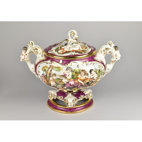 388 - A Large Capodimonte Twin Handled Centrepiece Urn and Cover Having Finial Modelled as Cherub, the Squ... 