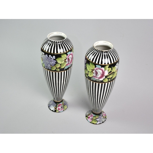 394 - A Pair of Early 20th Century Grimwades Vases, Decorated with Floral Bands on Black and White Striped... 