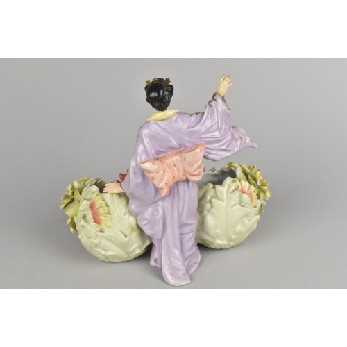 403 - A 19th Century Sitzendorf Porcelain Figural Centre Piece Modelled as Geisha Standing Beside Two Flor... 