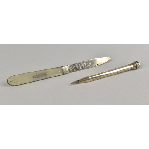 419 - A Victorian Silver Bladed Fruit Knife with Mother of Pearl Scales Together with a Silver Propelling ... 