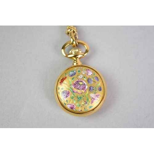 442 - A Vintage 'Halcyon Days Enamels' Fob Watch with 9ct Gold Ribbon and Dog Clip Clasp Brooch Support (3... 