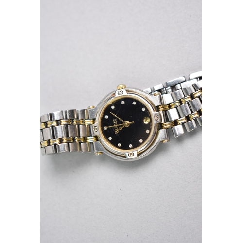 452 - A Ladies Gucci Wrist Watch, Stainless Steel, Black Face with White Stones Hour Indicators and Date A... 