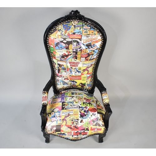 517 - A Modern Low Seated Balloon Back Armchair with Marvel Comic Upholstery, 99cm high