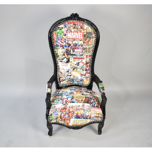 518 - A Modern Low Seated Balloon Back Armchair with Marvel Comic Upholstery, 99cm High