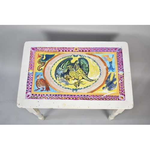 521 - A Small Modern Side Table, the Top Painted with Owl, Bird, Dragon and Mermaid Design, 57x37x55cm hig... 