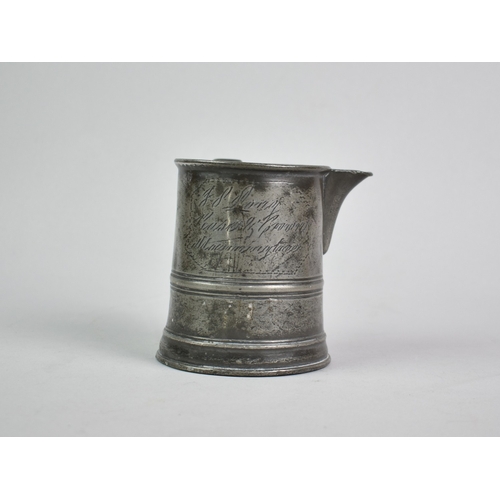 68 - A Victorian Side Pouring Pewter Pint Tankard Measure Inscribed for J S Jones , Rose and Crown, Manni... 