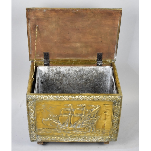 109 - A Mid 20th Century Pressed Brass Coal Box with Hinged Lid to Interior with Metal liner, 50cms Wide