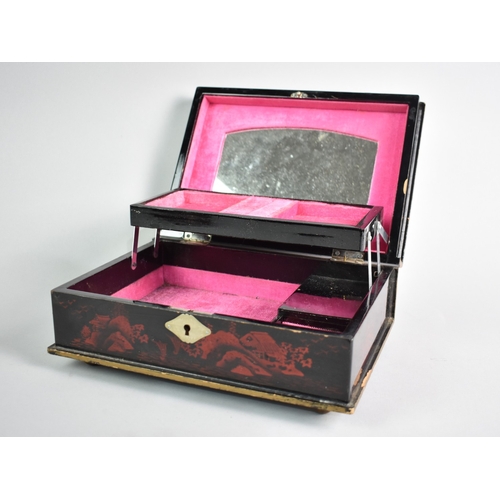 11 - A Mid 20th Century Chinese Lacquered Jewellery Box with Hinged Lid to Cantilevered Interior and with... 