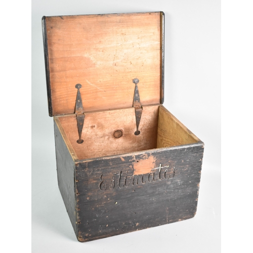 15 - A Stained Pine 'Estimates' Box with Hinged Lid, 34cms Wide