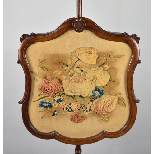 156 - A Mid 19th Century Mahogany Pole Screen with Stump Work and Bead Work Panel, Circular Base with Thre... 