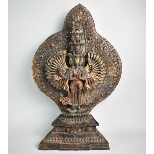 185 - A Large Patinated Bronze Chinese Buddhist Avalokiteshvara Statue with Back Plate on Stepped Lotus Th... 