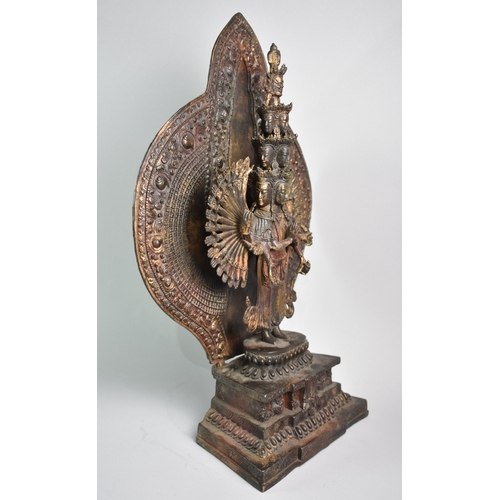 185 - A Large Patinated Bronze Chinese Buddhist Avalokiteshvara Statue with Back Plate on Stepped Lotus Th... 