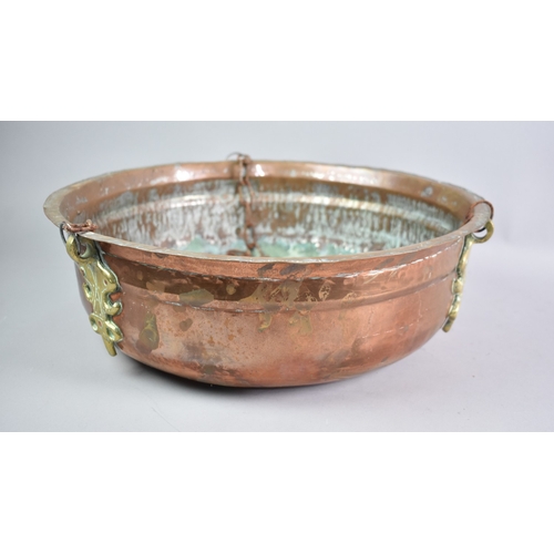 201 - A Large Copper and Brass Planter Bowl with Three Chain Hanging Supports, 40.5cms Diameter