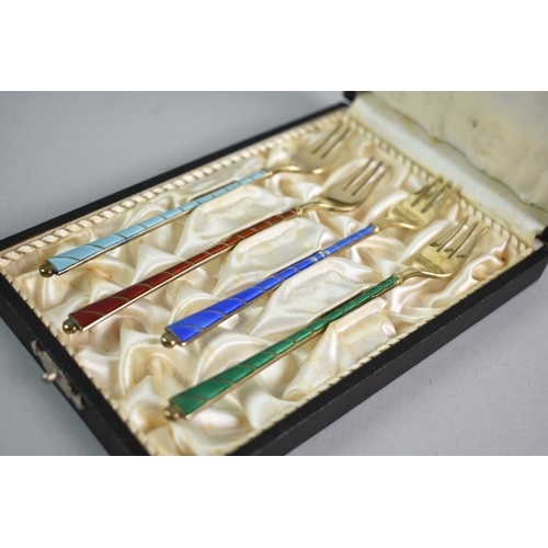 35 - A Cased Set of Four Danish Silver Gilt and Enamelled Handled Cocktail Forks by Egon Lauridsen, Blue ... 